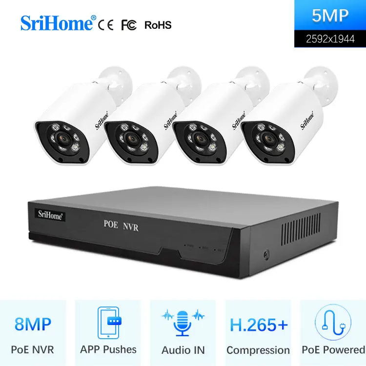 SriHome NVS005 Waterproof 8MP NVR CCTV Security Camera System H.265 Poe Nvr  Kit 8CH Outdoor And Indoor Bullet Camera