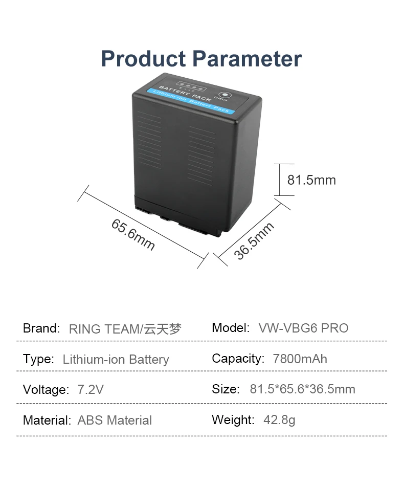 7.2V 7800mAh VW-VBG6 Pro Camera Battery Lithium-ion Battery for Pana sonic AG-AC7 AG-AF100 AF105 AC130 AC160 HMR10 HSC1U Cameras manufacture