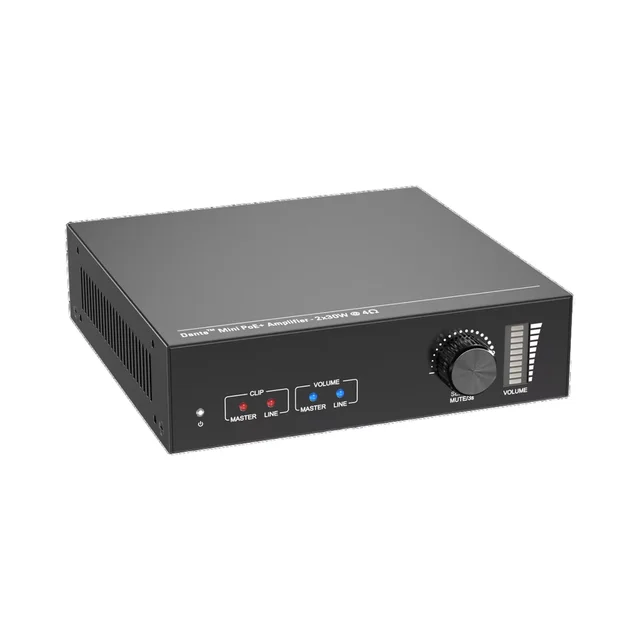 Compact Professional 30Wx2 60W Bridgeable Active Stereo Dante Amplifier PoE+ Powered with Remote Control for Concerts