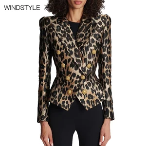 Women's Fashion Slim Short Double-Breasted Suit Jacket Black Leopard Print with Metal Buckle Small Blazer Style