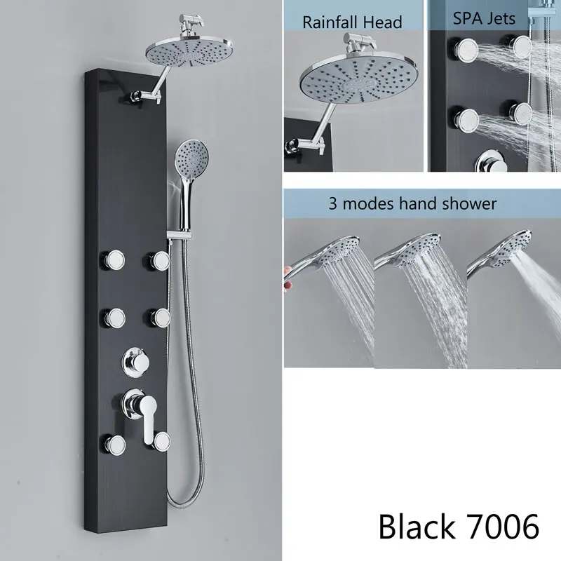 Black Shower Panel With Storage Rack Rainfall Shower Faucet Set Spa