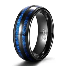 Ouyuan 8mm Blue Maple Inlay Black Tungsten Carbide Ring Beveled Edges Men Women Wedding Bands Tungsten Blue Stripe Ring Jewelry