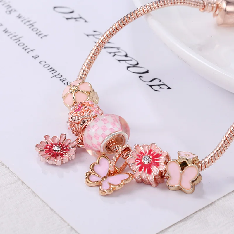 BRACE CODE 2021 New Rose Gold Necklace Pink Charm Women Bracelet DIy Charms  Bubble Bead Fine Lady Bracelet Direct Gift Sales - AliExpress