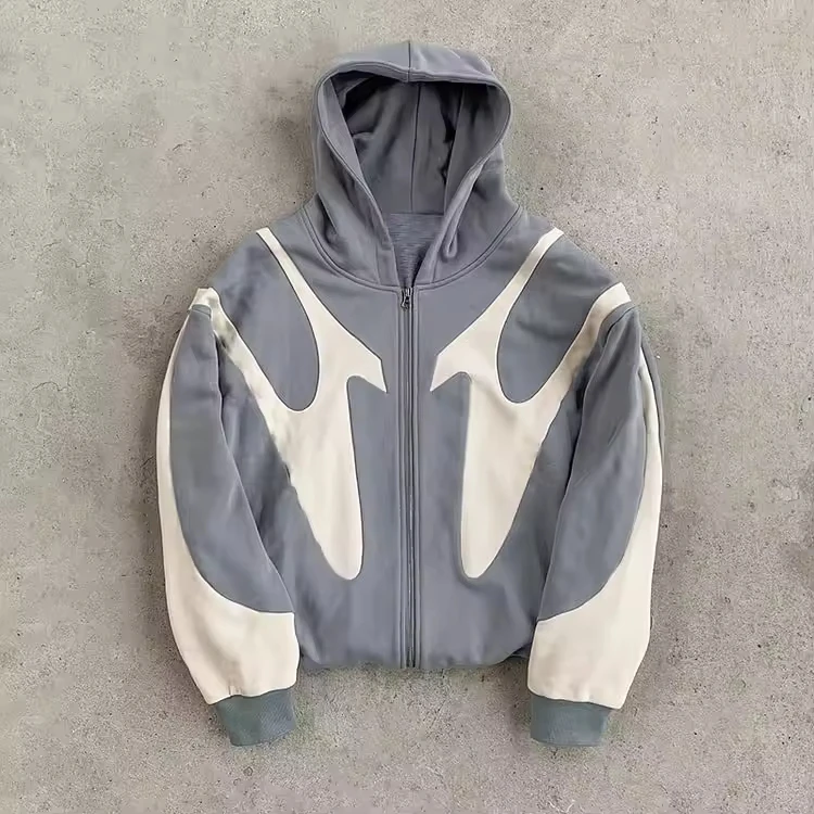 SALATI Hiphop Fashion Color Contrast Zipper Hoodie Custom New Men's High Quality Knitted Cotton Top Zip Hoodies for Men gallery 8