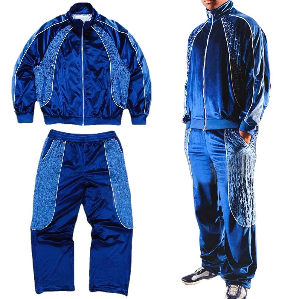 SALATI Custom Streetwear Baggy Oversize Zip up Jacket and Pants Manufacturer Velour Sweatsuit Reflective Velvet Tracksuit Set