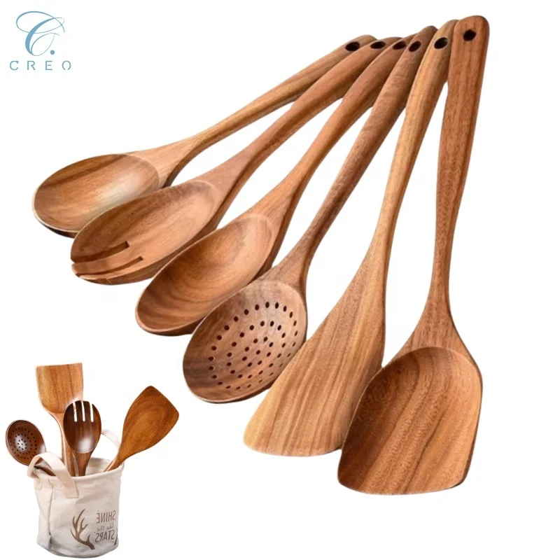 ابزارهای ضروری آشپزخانه سفارشی، ابزار آشپزخانه چوبی غیر مخرب طبیعی با دسته بلند، سباتول و قاشق سوپ برای آشپزخانه