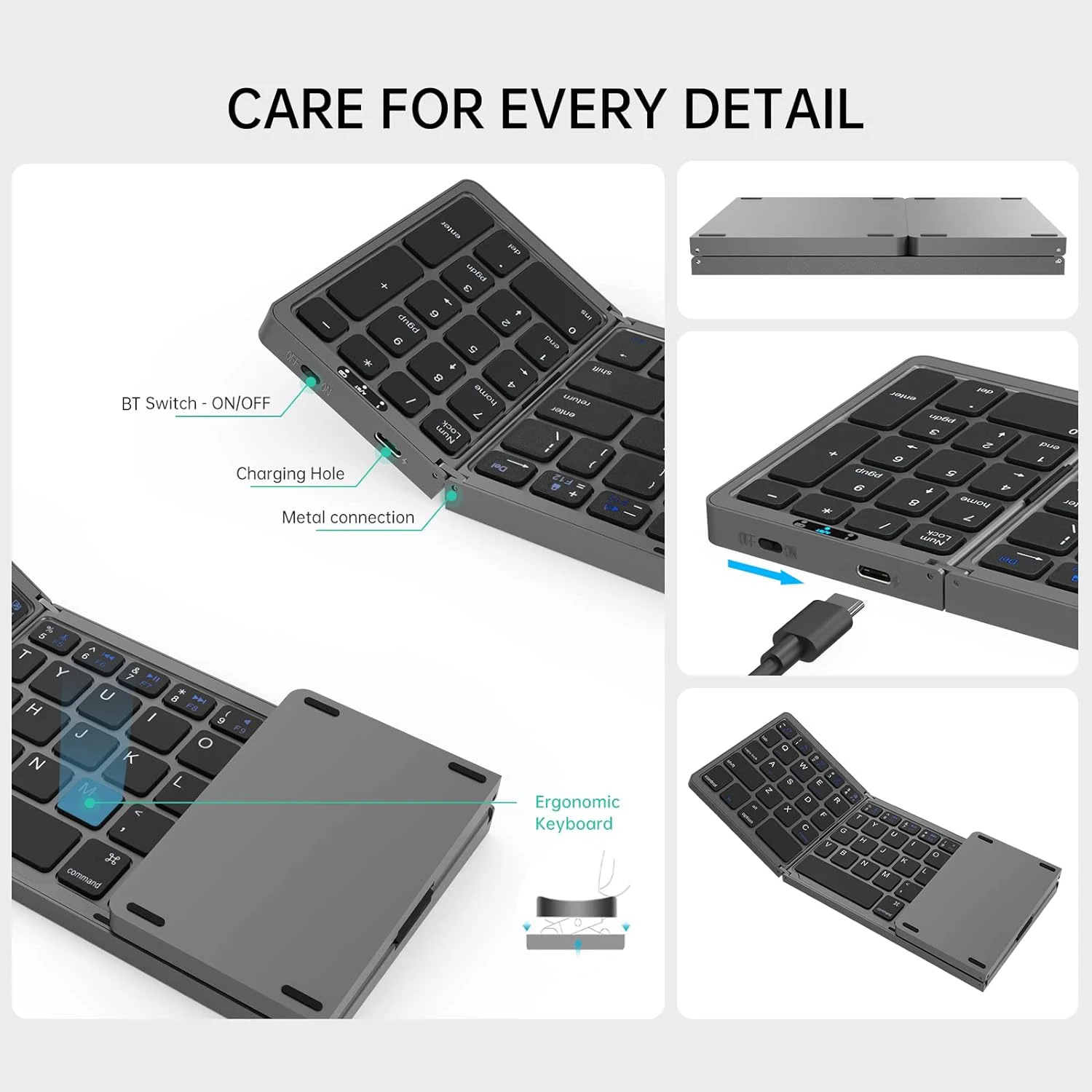 Foldable Wireless Keyboard German Spanish French English USBC Rechargeable for iPad Laptop Tablet Travel Portable Numeric Keypad