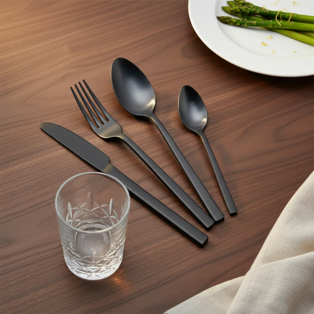 Seeshine - Set di posate nere per 12 persone. In acciaio inox (60 pezzi), set di posate in metallo nero lucido. Compreso forchette, coltelli e cucchiai