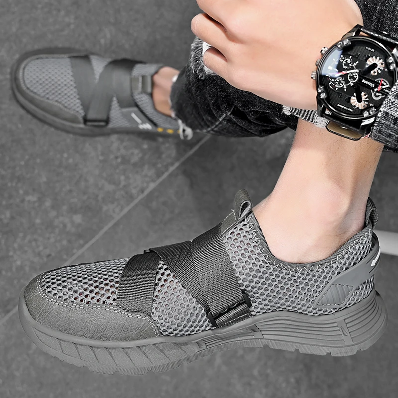 Factory Supply Custom LOGO Pure Hand Made Breathable Mesh Cow Genuine Leather Toe Closed Summer Sandals for Men Boy