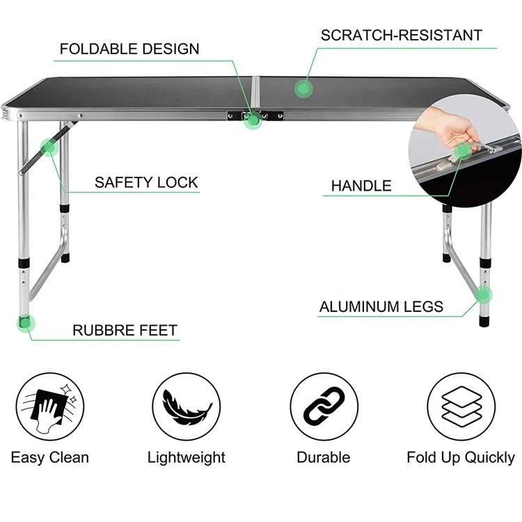
 Hot sale fold camping table  4 ft aluminum beer pong game table height adjustable lightweight desk multi-function party table  