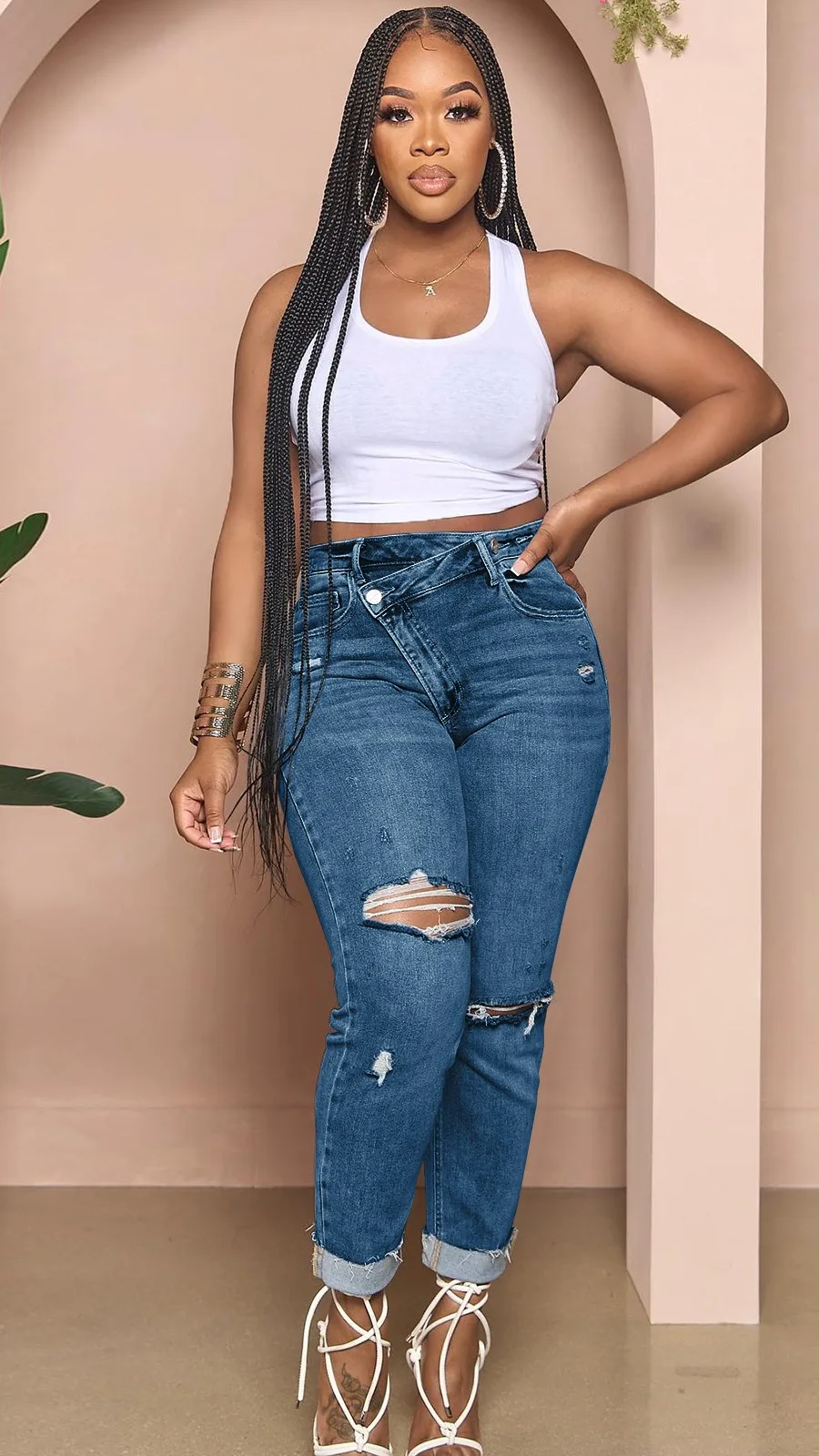 Charm Women's Jeans Ripped Skinny High Waist Distressed Jeans Pants For