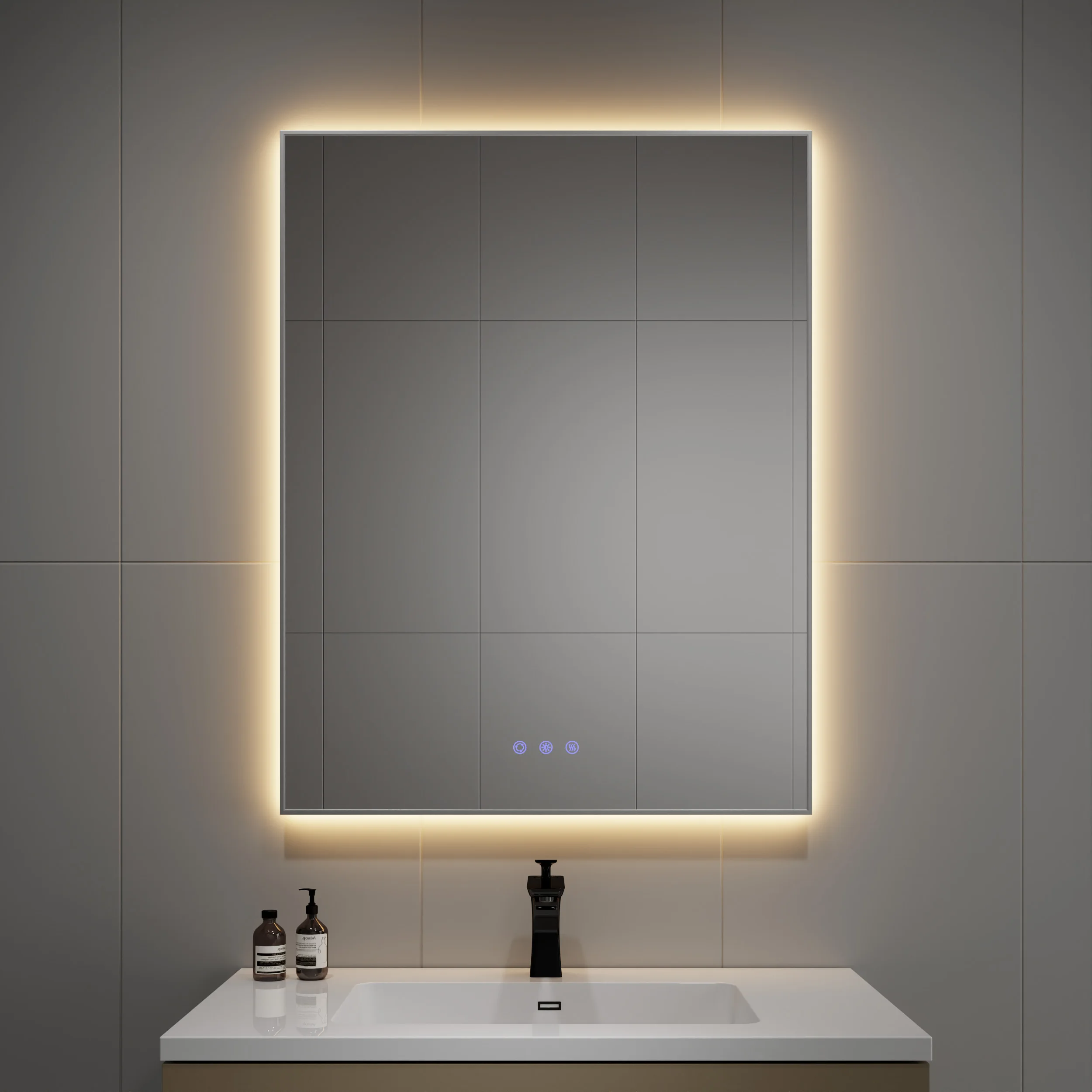 Custom 3 Lighting Colors Modern Anti Fog Smart With Touch Screen Framed 3500k/4000k/6500k Adjustable Bathroom Mirror With Light