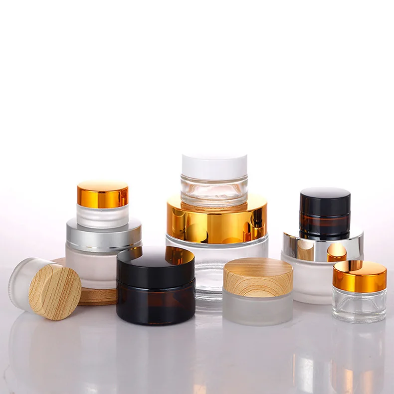 Wholesale round Cosmetic Glass Cream Bottle with Wood Grain Cap for Ointment Storage