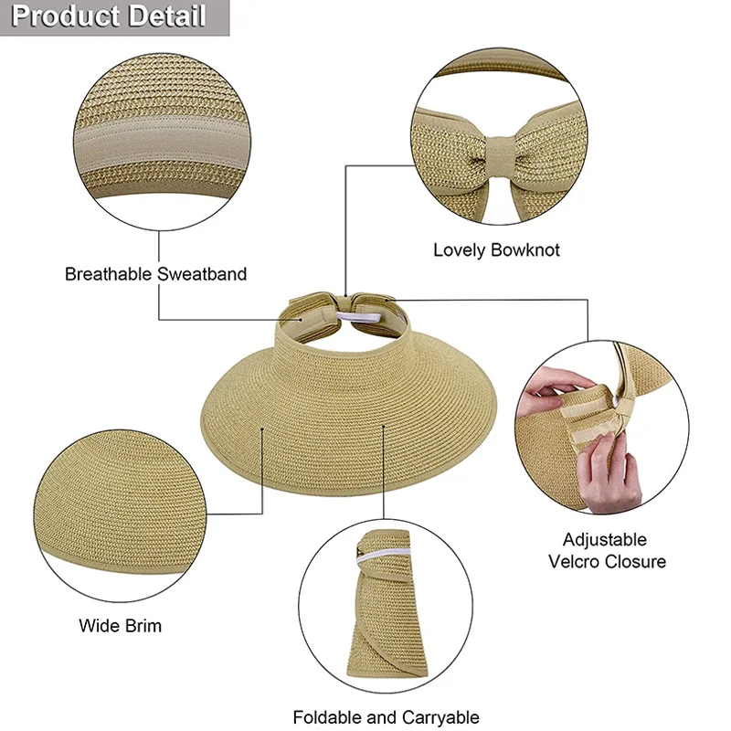 Summer Roll Up Sun Visors Hat For Women Wide Brim Straw Bowknot Women