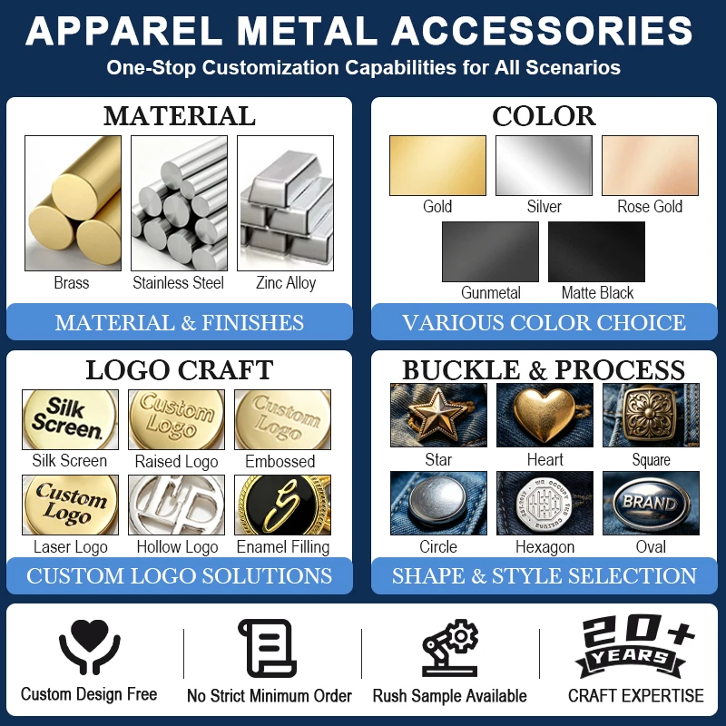Button Factory Garment Accessories Custom Emboss Vintage Logo Pattern Clothes Metal Button Denim Jeans Button and Rivets