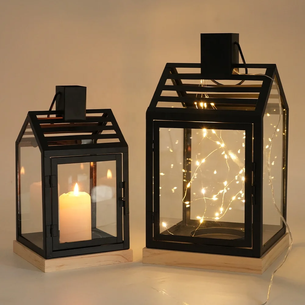 Set of 2 House Design Metal Lantern with Wooden Base Glass Panels Lanterns