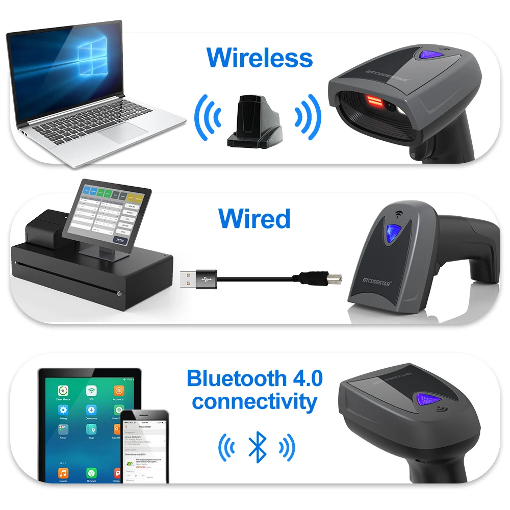 Xincode 2D Wireless Barcode Scanner QR Code Reader CMOS  for Warehouse POS and Computer Wireless Scanner Barcode With Stand