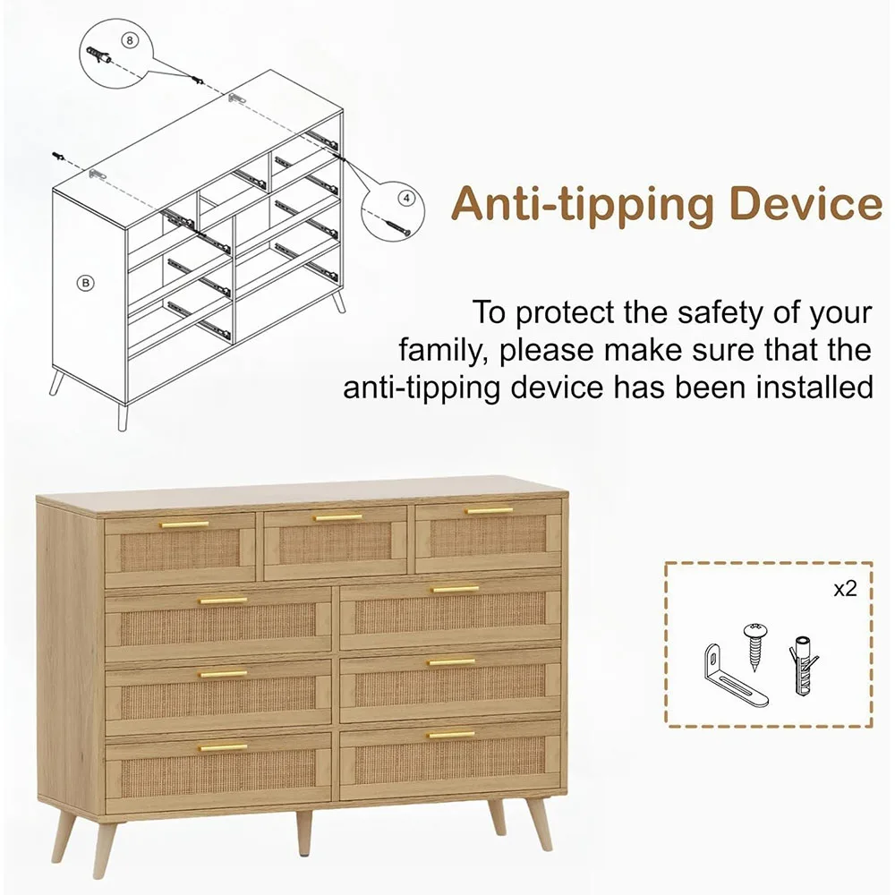 product 9 drawers modern dresser bedroom chest with metal handles wooden storage organizer rattan mdf panel living room hallway natural-6