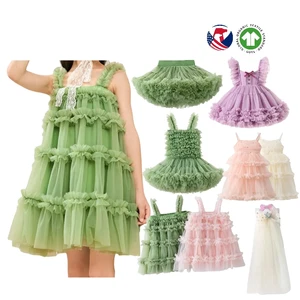 Cute Fluffy Tulle Tutu Skirt for Summer Ball Gown Silhouette with Lace Decoration Solid Pattern for Toddler Girls
