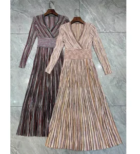 Bettergirl 2026 Ramadan New fashionable knitted striped V-neck slim fit long sleeved dress