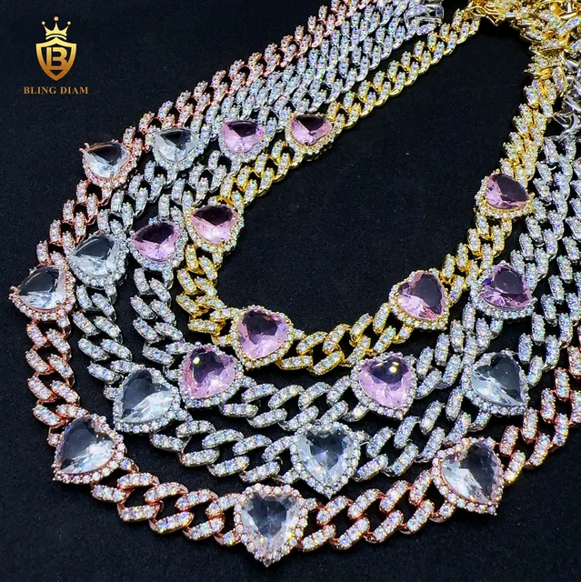Wholesale Fashion 11mm hiphop chain iced 5A+ CZ Heart diamond Cuban link chains for men and women