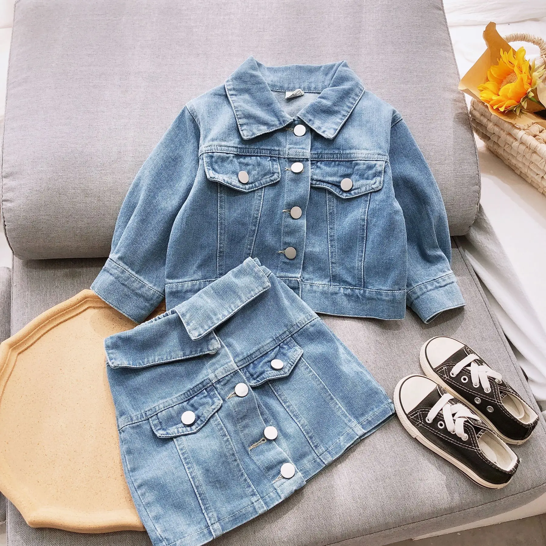 Spring Letter Jeans Jacket With Skirt 2pcs Autumn Children Cowboy Set Blue Denim Clothing Girls Outfits High Fashion Clothes