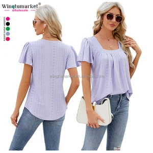 Bulk Casual Macaron Color Blouse Pleated Short Sleeve Cut Out Hole square Neck Top Eyelet Flare Sleeve Shirts for Women