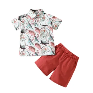 Customizable Newest Summer Casual Suit Cartoon Printed Short Sleeve Boy Shirt Shorts Set for 2-14 Years