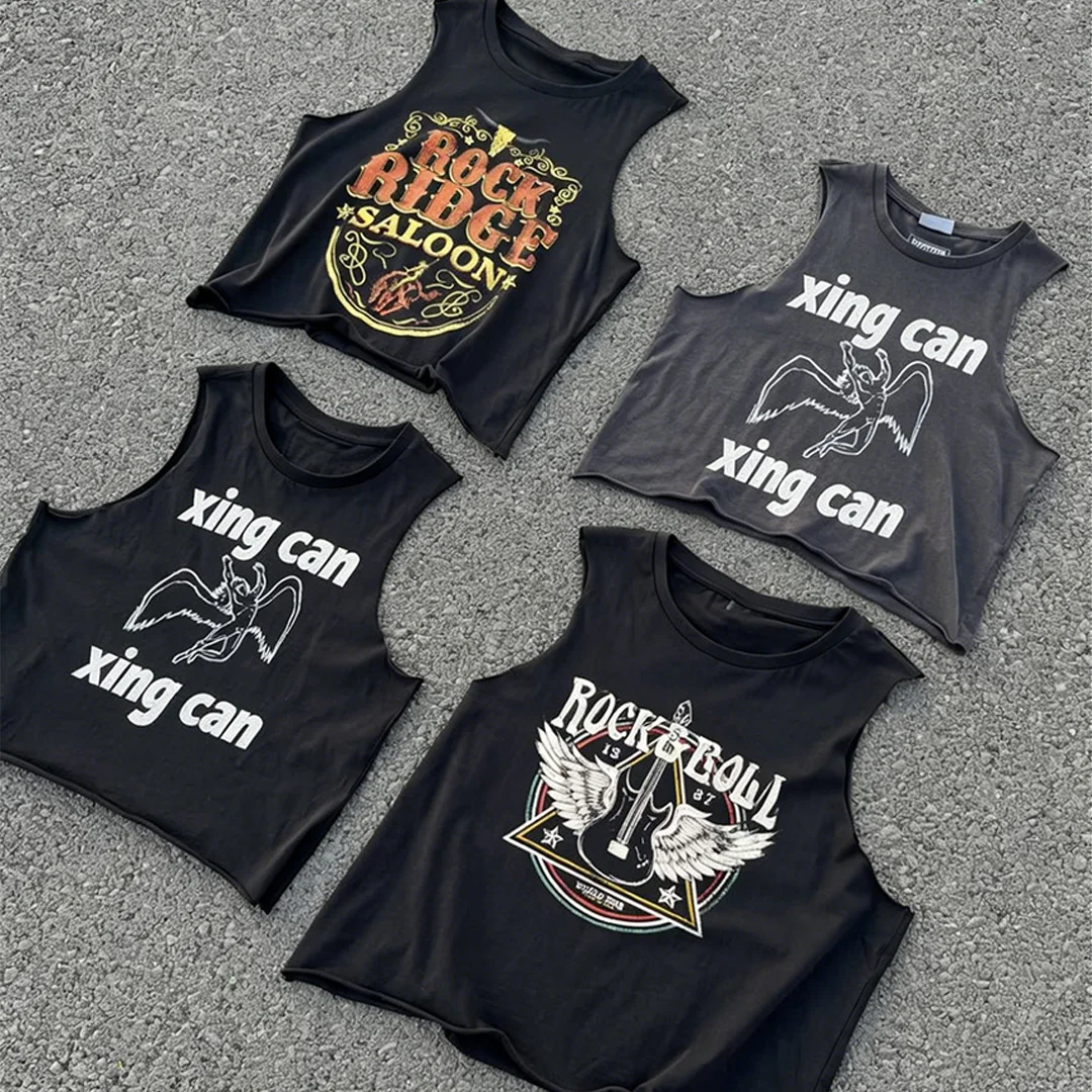 Wypłukany w stylu vintage T-shirt bez rękawów, letni tank top do streetwearu przycięty pod talie, cyfrowy nadruk DTG z kryształkami, możliwość personalizacji