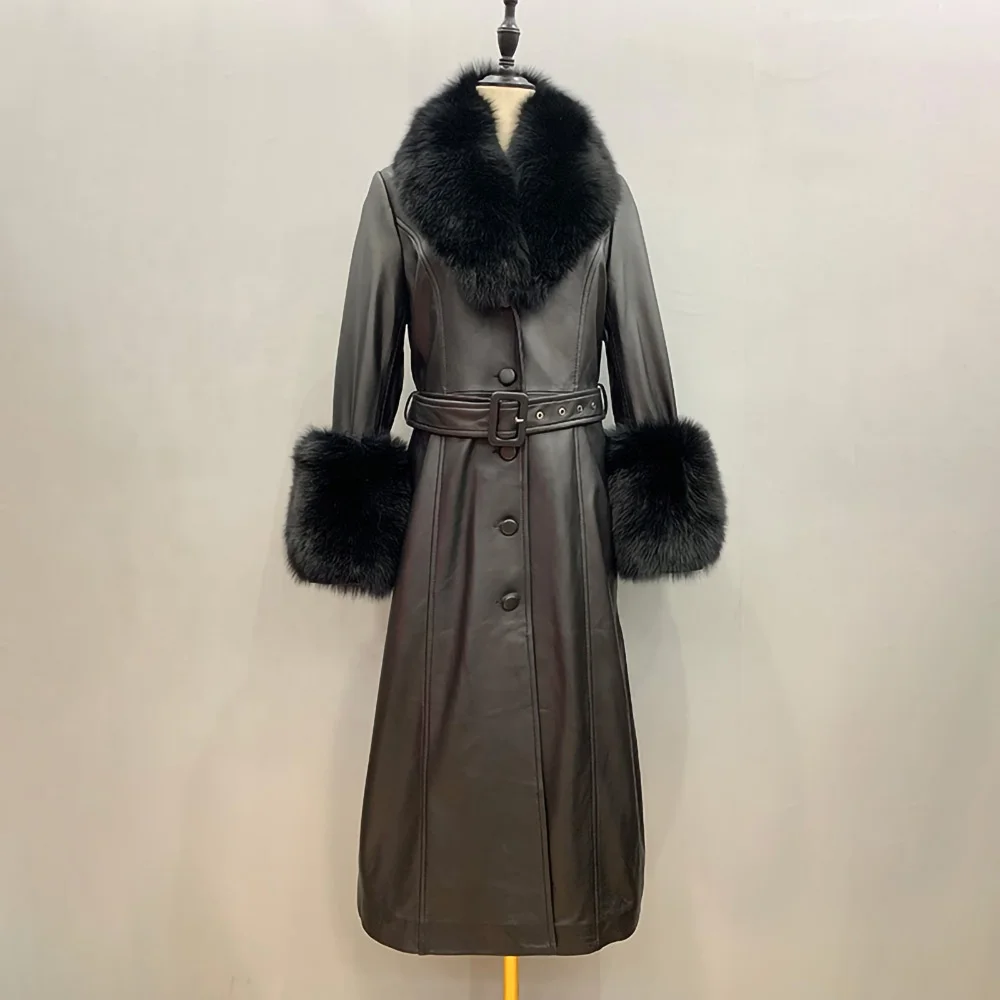 Manteau En Cuir Véritable Avec Fourrure Renard - Taille L - Long, Manches 60cm - Style Vintage - Neuf Sans étiquettes