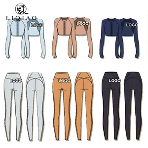 Women's Long-Sleeve Yoga Workout Set Custom Logo, Zip Up, Slim Fit, Crew Neck, 2 Piece with Tummy Control