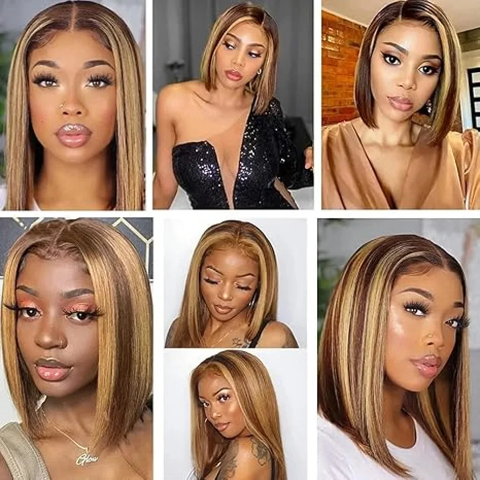 Highlight Brazilian Remy Human Hair Short Bob Wigs Swiss Lace Frontal Wig for Women_voghion.com
