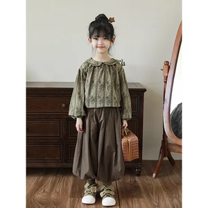 Girls' Shirts Spring and Autumn Retro Floral Striped Doll Collar Large Size Shirts Autumn Casual Tops for Big Children