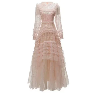XXXXL Long Party Evening Women Dress Special Occasion Ladies Sequined Lace Flower Patterns Long Sleeve Pink Red Maxi Gown Dress