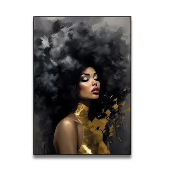Custom African Female  Portrait Decorative Paintings Black and Gold  Luxury  wall Art  Modern Home Living Room Decor Framed