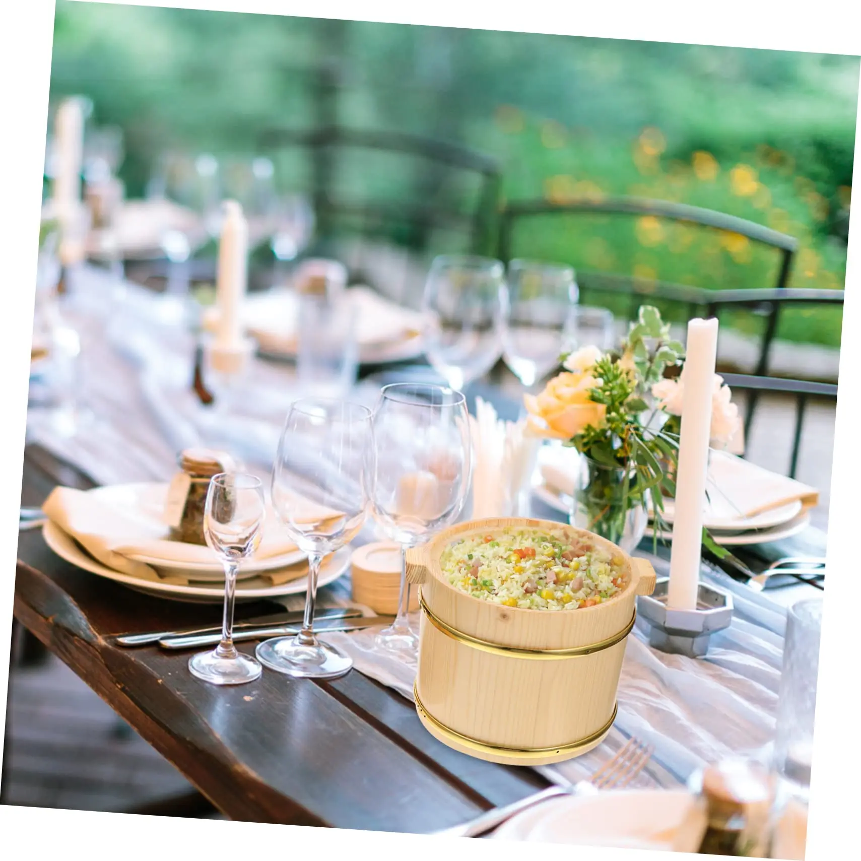 Wooden Rice Bucket Bamboo Handmade Rice Bucket Wood Food Container Tub Rice Serving Sushi Wooden Bowls Chinese Food Tub