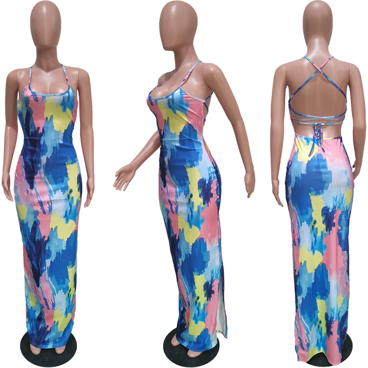 2021 Fashion Female Maxi Strap Dress Backless Tie Dye Summer Women Party Long Tight Dresses