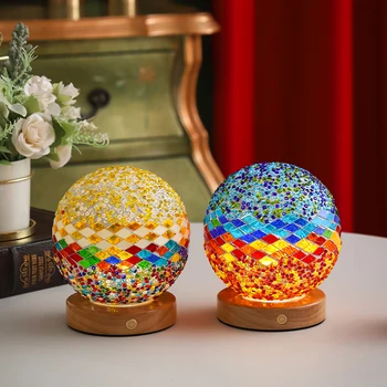 LED Mosaic Mediterranean Night Light Exotic Wooden Seat Three-Color Charging Touch Luxury Ambient for Bedroom Battery Decorative