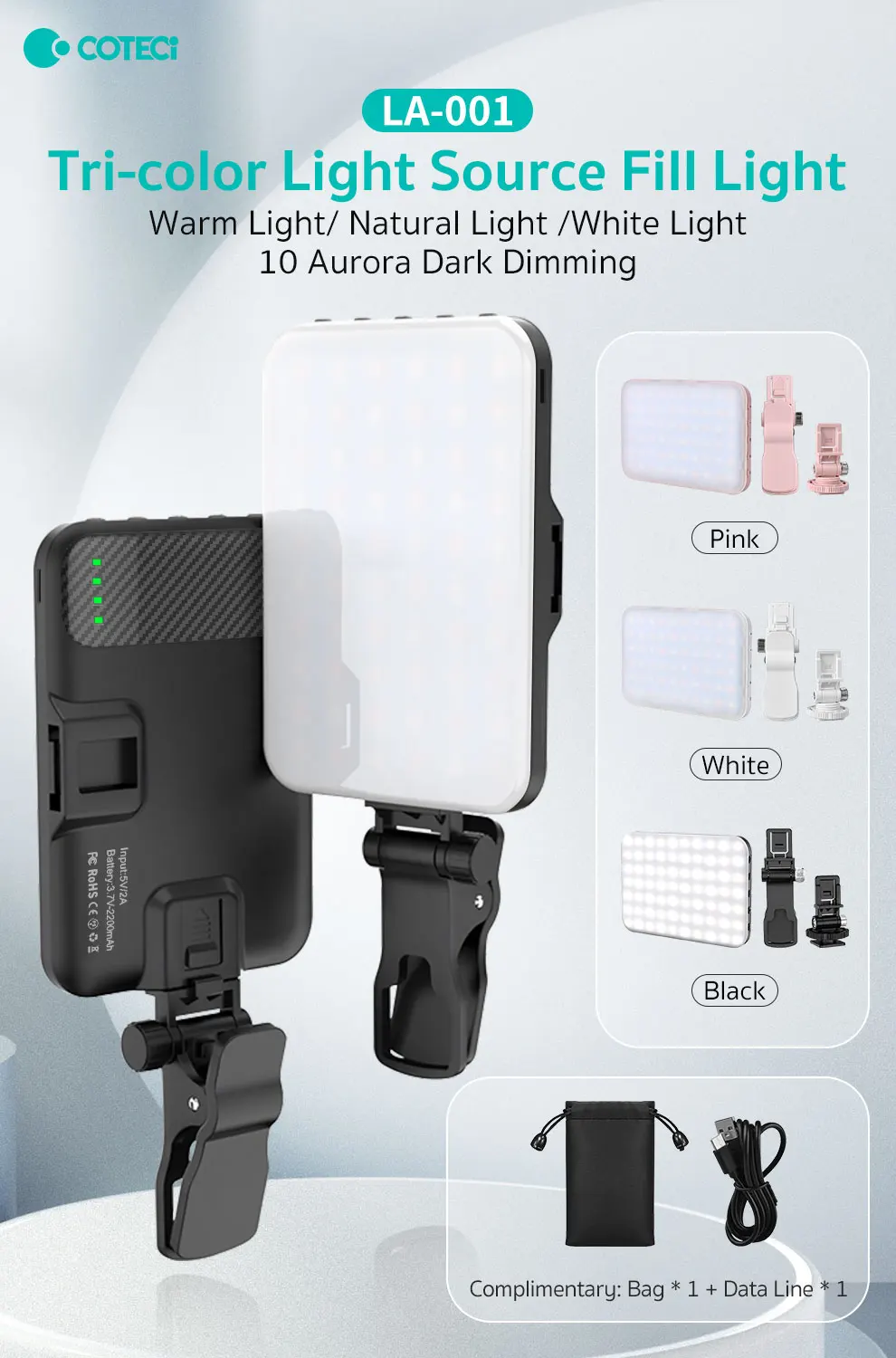 COTECi Portable 10 Warm Natural White Tri-Color Aurora Dark Dimming Fill Light for Phone Photography Selfie Source Power-Volta