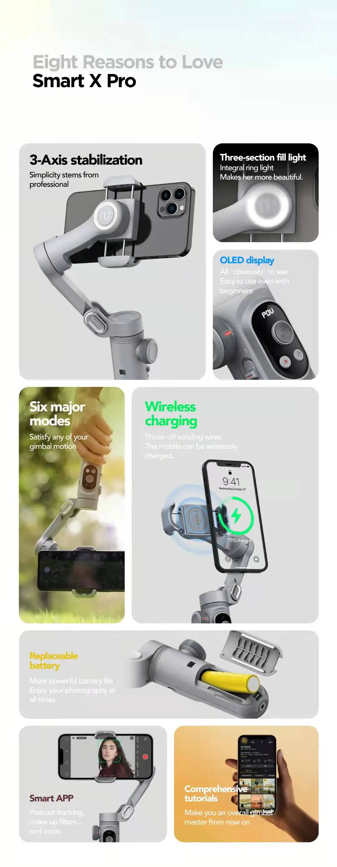 AOCHUAN Smart X Pro Foldable 3-Axis Handheld Smartphone Gimbal with Fill Light & Wireless Charging for iPhone 13 Pro Max Samsung