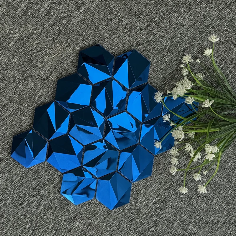 Hexagonal Metal Mosaic 3D Stereo Beveled Glass Tile for KTV Interior Background Wall Decoration Graphic Design Capability