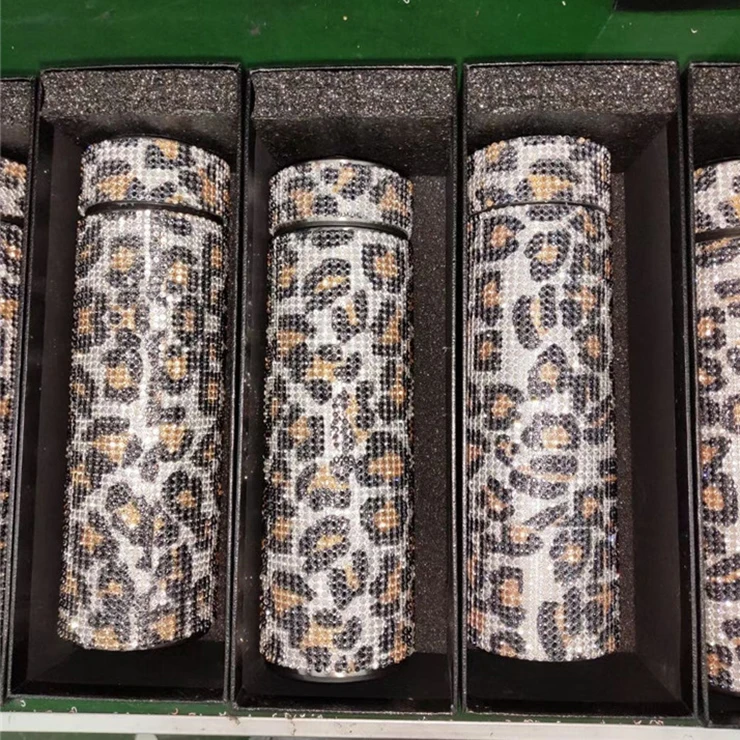 Stainless Steel Refillable Thermal Temperature Display Smart Led Insulated Bottle Bling Diamond Leopard Water Bottle