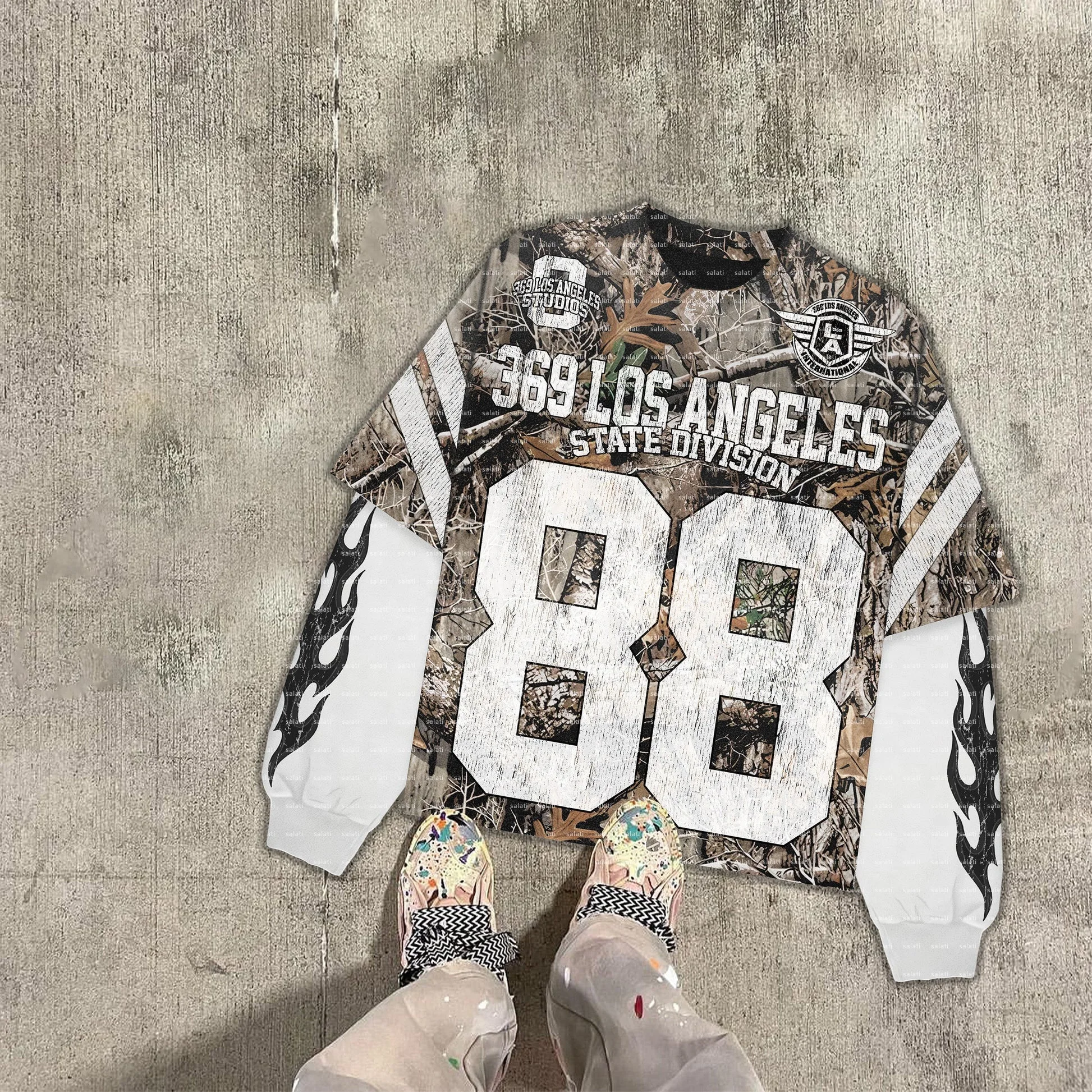 Custom Streetwear Cotton Boxy Tee Print Jersey Tshirt Baggy Camo Real Tree Camo Shirts Double Layer Long Sleeve T-shirts for Men