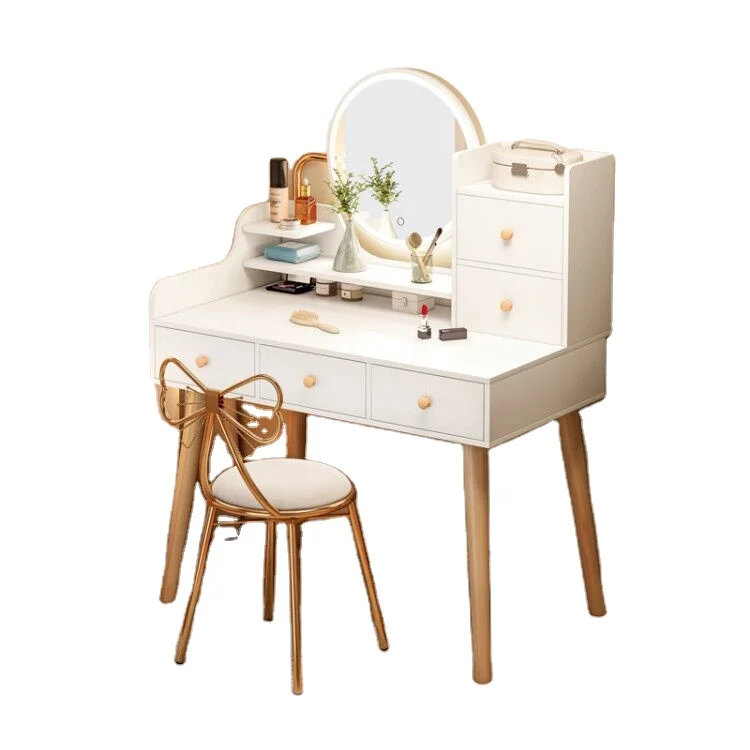 Vanity Table Set With Lighted Led Touch Screen Dimming Round Mirror