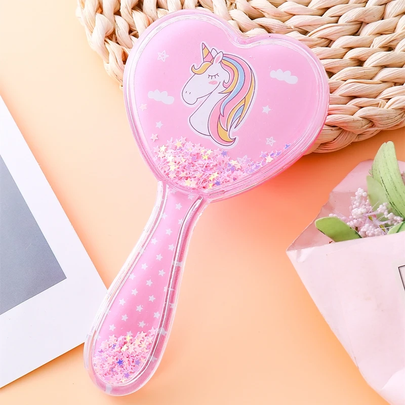 Hot Selling Compact Heart Shape Transparent Blue Unicorn Pattern Hairbrush Cute Cartoon Pink Mermaid Pattern Hairbrush for Girls
