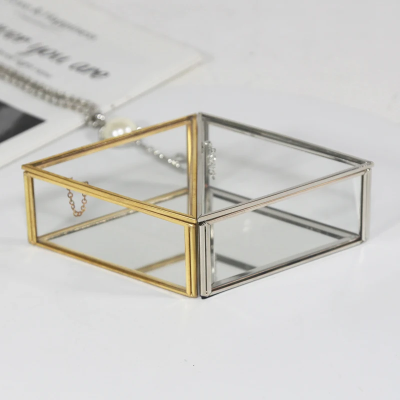 HOT Cheap Geometric Decorative Makeup Organizer Metal Brass Mini Glass Hexagon Jewelry Trinket Box for Gift