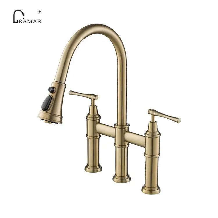 2-Handle Bridge Pull Down Sprayer Kitchen Faucet in Brushed Gold