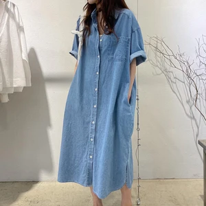 Korean Style Autumn New 2026 Lapel Single-breasted Casual Wild Solid Color Short Sleeve Pocket Women's Dress