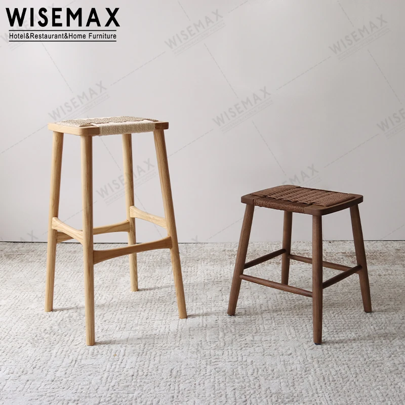 WISEMAX FURNITURE Hot Sale Small Natural Wood Stool Wooden Vintage Rattan  Weave Foot Stool Chair Wooden Stool for Living Rooms