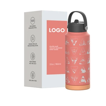 Engraved 18/8 Stainless Steel Insulated BPA Free Wide Mouth Water Bottle with Straw Lid Non-Slip Silicone Bottom